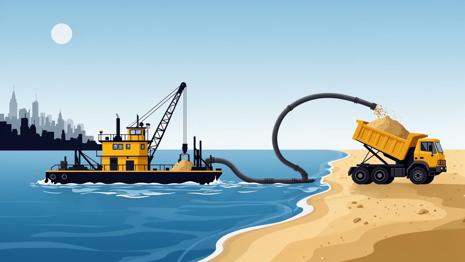 Diagram of a hydraulic dredge barge pumping spoil through a pipeline to a dump truck on shore