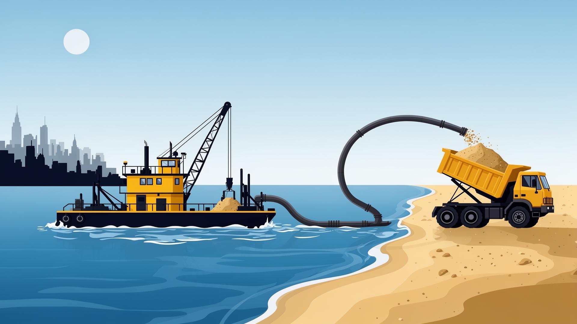 Diagram of a hydraulic dredge barge pumping spoil through a pipeline to a dump truck on shore